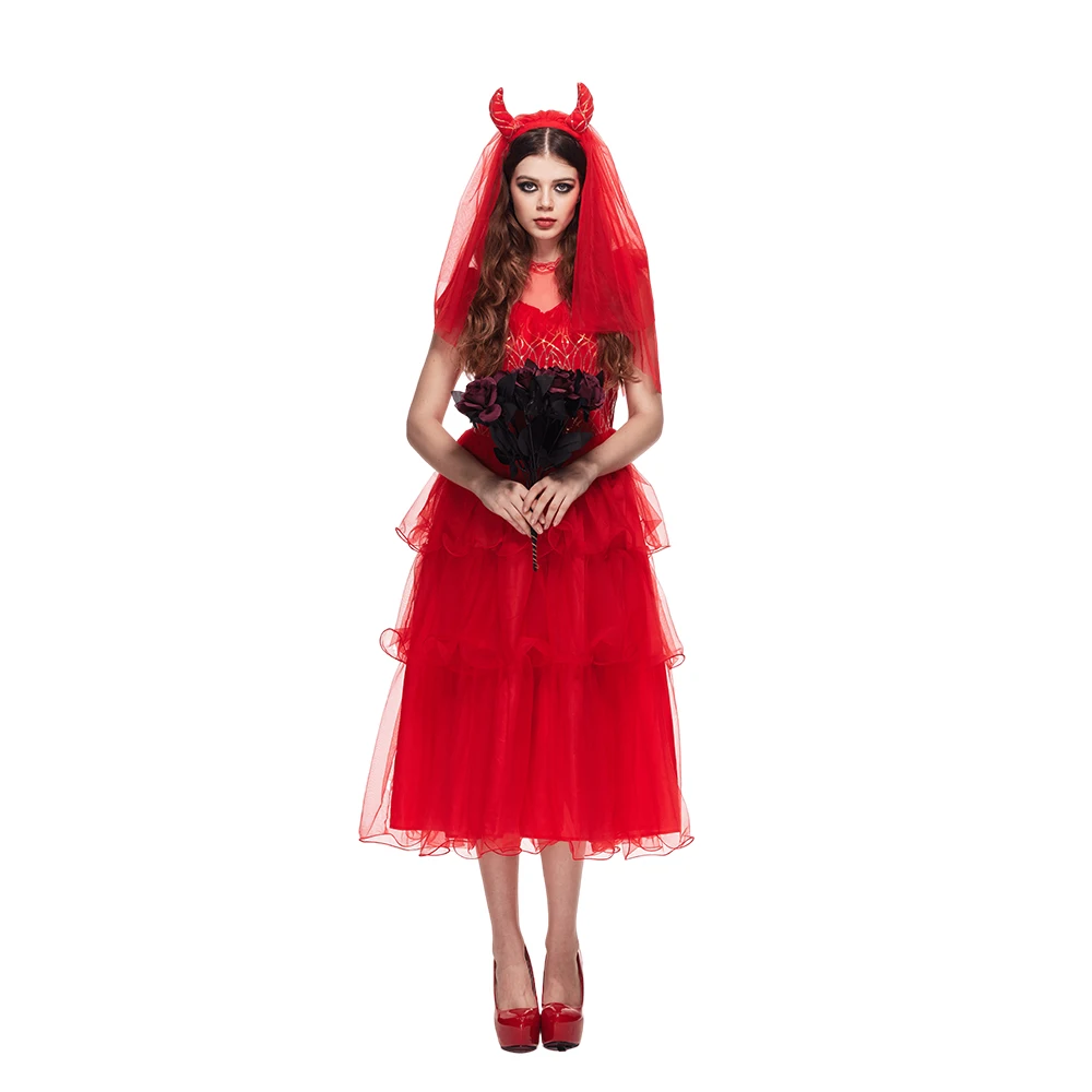 EraSpooky Adult Womens Red Devil Bride Costume Villainous Demon Halloween Wedding Dress with Devil Horns Veil for Easter Purim