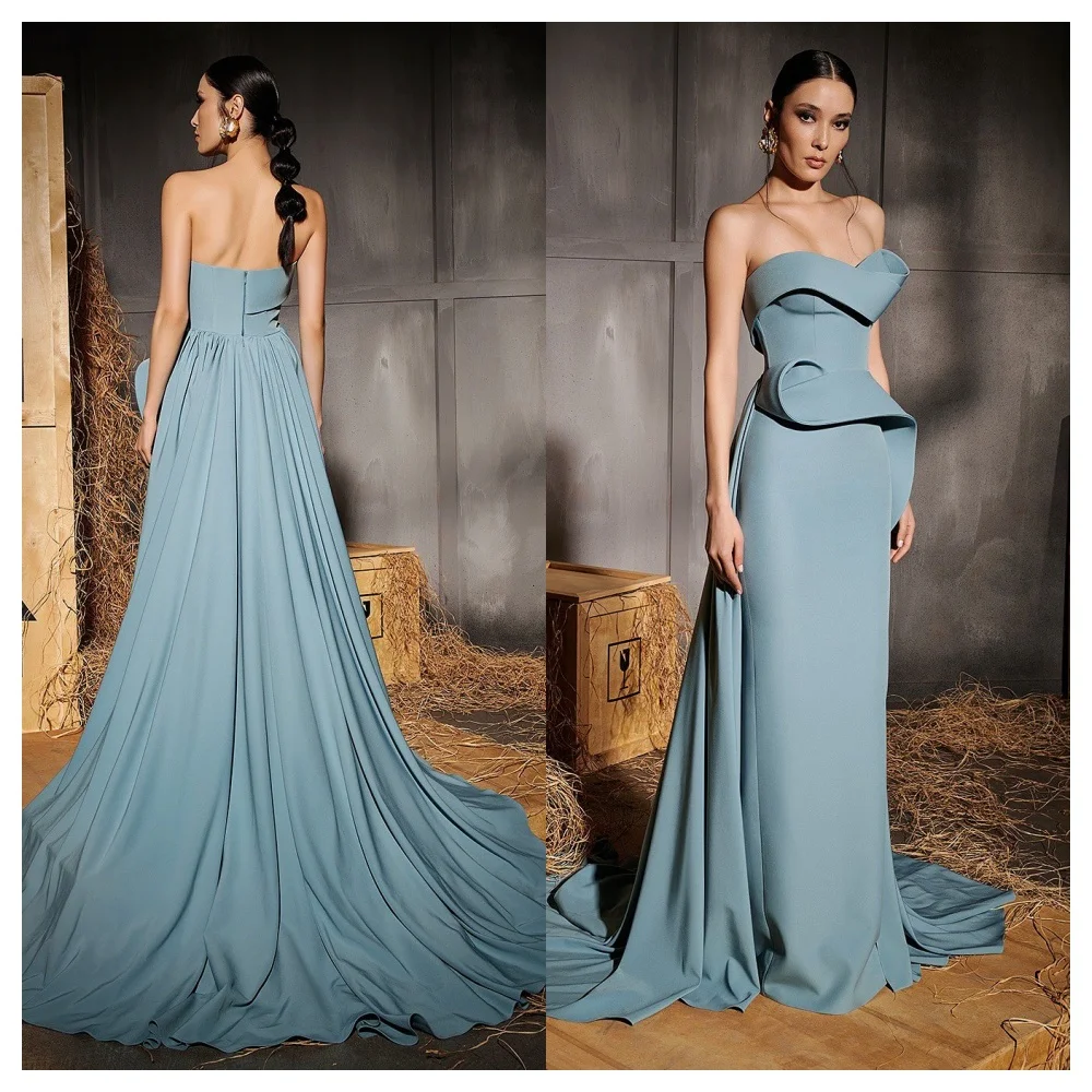 Maßgeschneidertes modernes blaues Jersey-Abendkleid, Temperament, trägerlos, ärmellos, Partykleid, modisch, bodenlang, Promi-Kleider