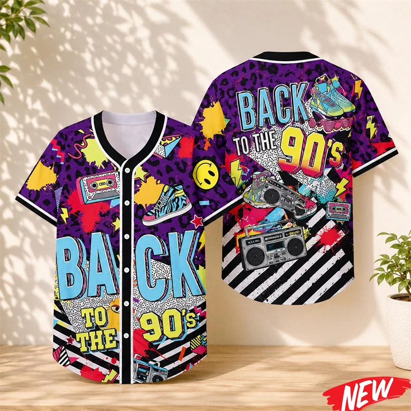 Back to the 80s 90s Graphic Baseball Jersey Custom Retro Beach Party Button Shirt Outfit Shirts Hip Hop Short Sleeve Tee Shirts