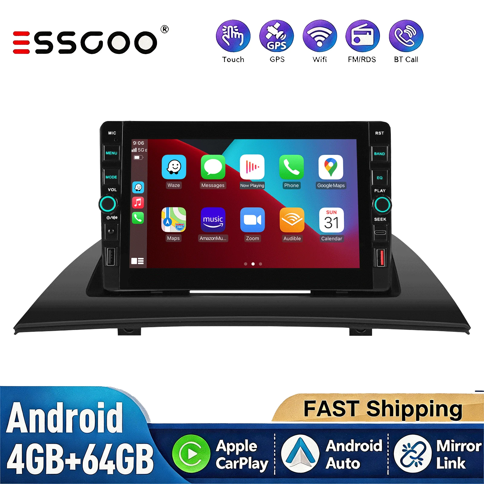 ESSGOO Android 15 4+64G Kabelloses CarPlay Autoradio für BMW X3 E83 2003-2011, Intelligente Auto-Systeme, Auto Multimedia-Player, NAVI, WLAN, SWC, RDS, GPS, FM, BT, DAB, KAMERA