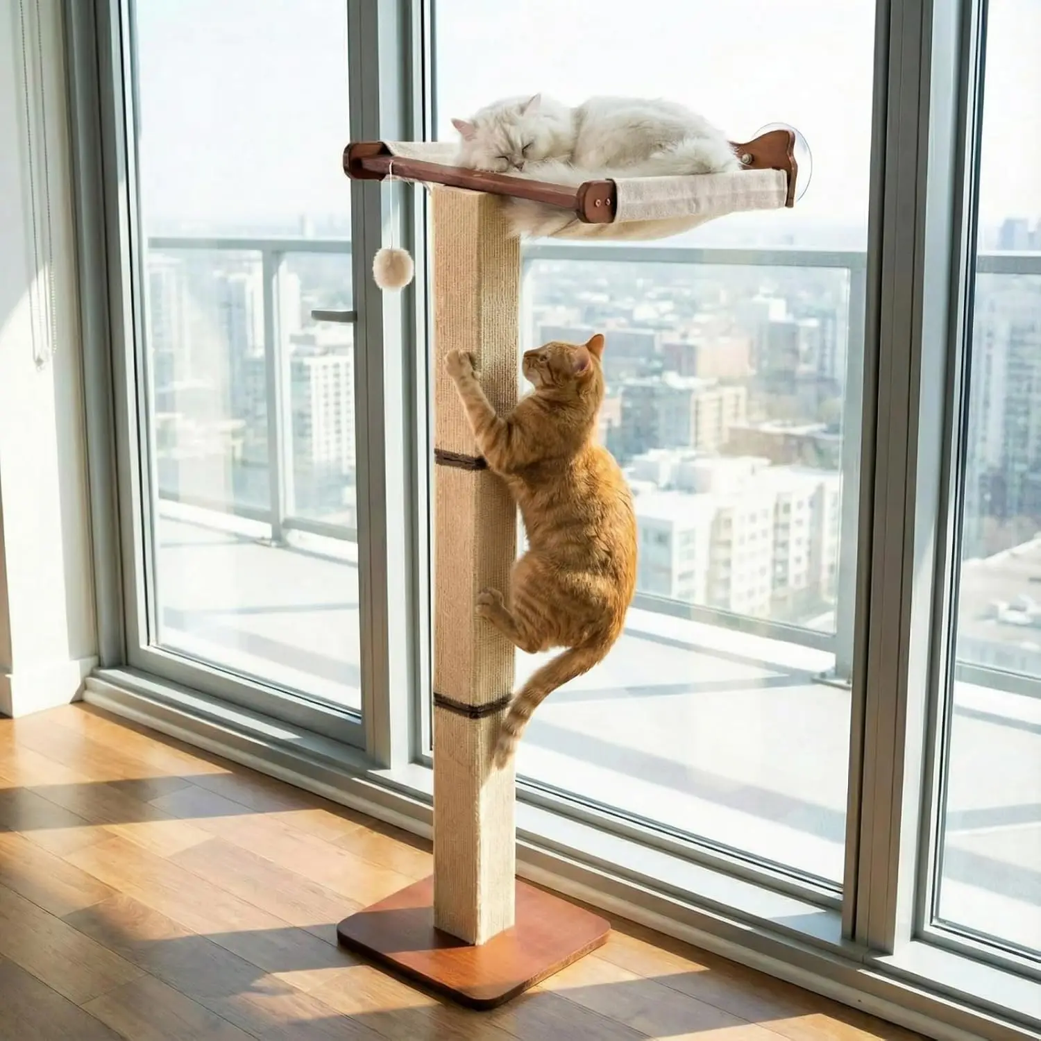 

Cat Window Perch with Scratching Post Climbing Tree Hammock Mounted with Suction Cups 46 Inch Tall Adjustable Narrow Cat