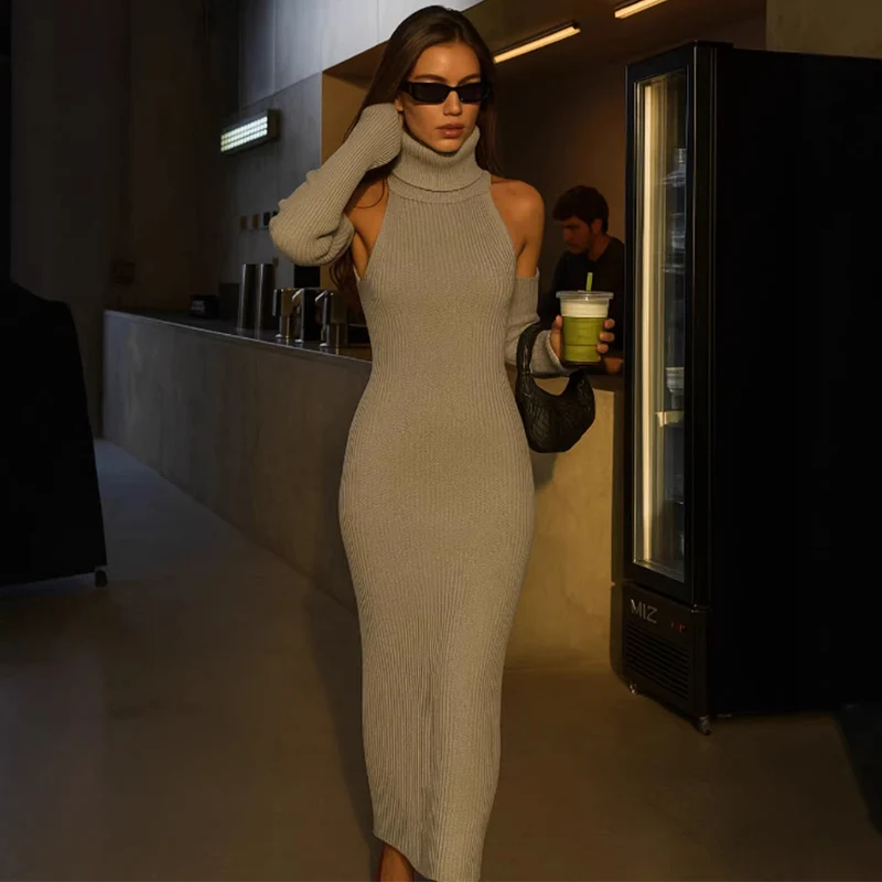 

Trendix Elegant Knit Evening Dress Women High Neck Sleeveless High Waist Maxi Dresses Party Club Sexy Backless Knitted Dress