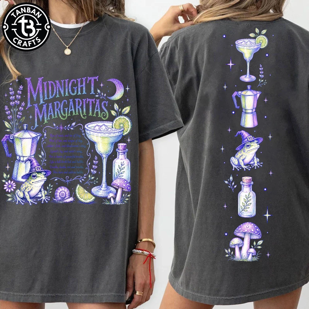 Midnight Margaritas Halloween T Shirt Retro Movie Inspired Design Girls Night Tequila Shirt Front Back Spooky Season