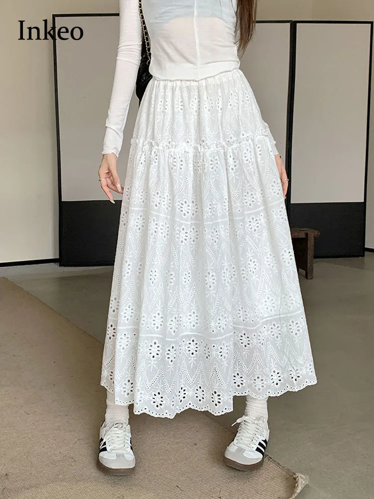 

White Hollow out lace skirt Women 2024 Summer High waist long skirts embroidery Fashion Beach clothing INKEO 4B004