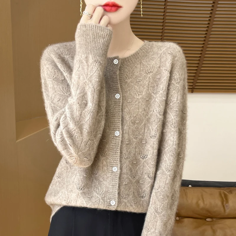 New Spring Autumn 100% Pure Wool Cardigan Women\'s Round Neck Hollow Jacquard Long Sleeved Knitted Jacket Sweater Loose Outer Top