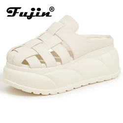 Fujin 7.5cm splot mikrofibra syntetyczna skórzana sandały kapcie czółenka platformy klinowe mieszkania letnie Peep Toe modne buty damskie