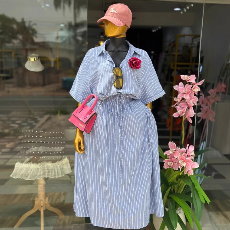 

2026 Spring New Hot Selling Polo Fine Stripe Waist Strap Mid to Long Cotton Dress for Women