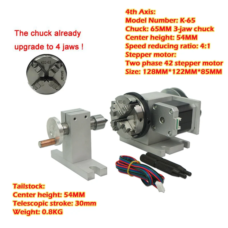 CNC 4th Axis Rotary and CNC Tailstock 54mm Center Height 4 Jaw Chuck NEMA 17 Motor Speed Reducing Ratio 4:1 for CNC Router