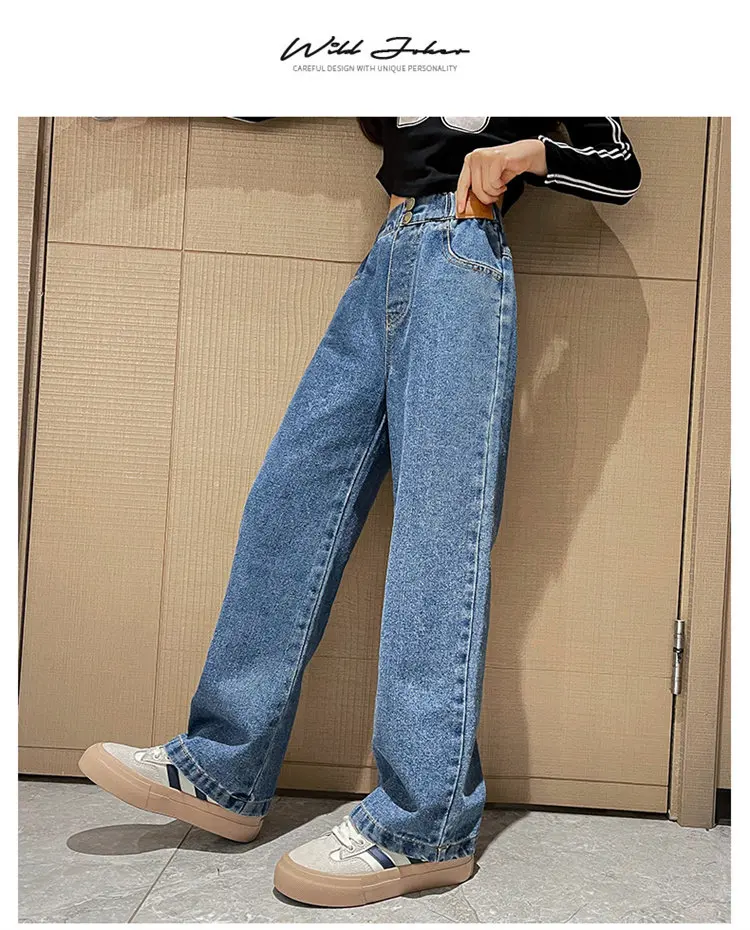 Retro-Isolierte Jeans für Teenager-Mädchen, Herbst-Winter, Lässige Mode, Kinder Weite Gerade Denim-Hosen, Warme Schulhosen für Kinder – Detail 3