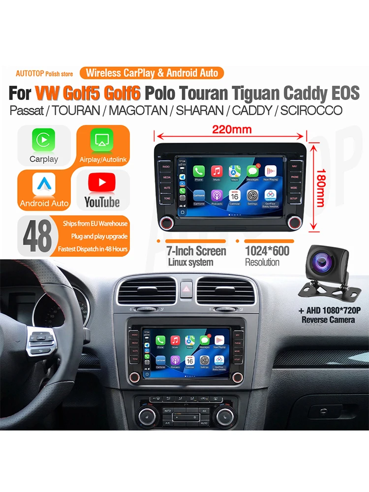 AUTOTOP 7" 1024*600P Auto Multimedia Speler voor Volkswagen VW Golf Passat JETTA Skoda SEAT met draadloze CarPlay Android Auto BT - afbeelding 2