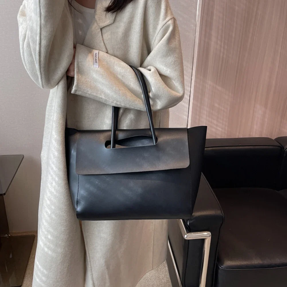 Women Vintage Shoulder Bag Large Capacity PU Leather Minimalist Shoulder Tote Bag Solid Color Fashion Tote Handbag Chic Tote Bag