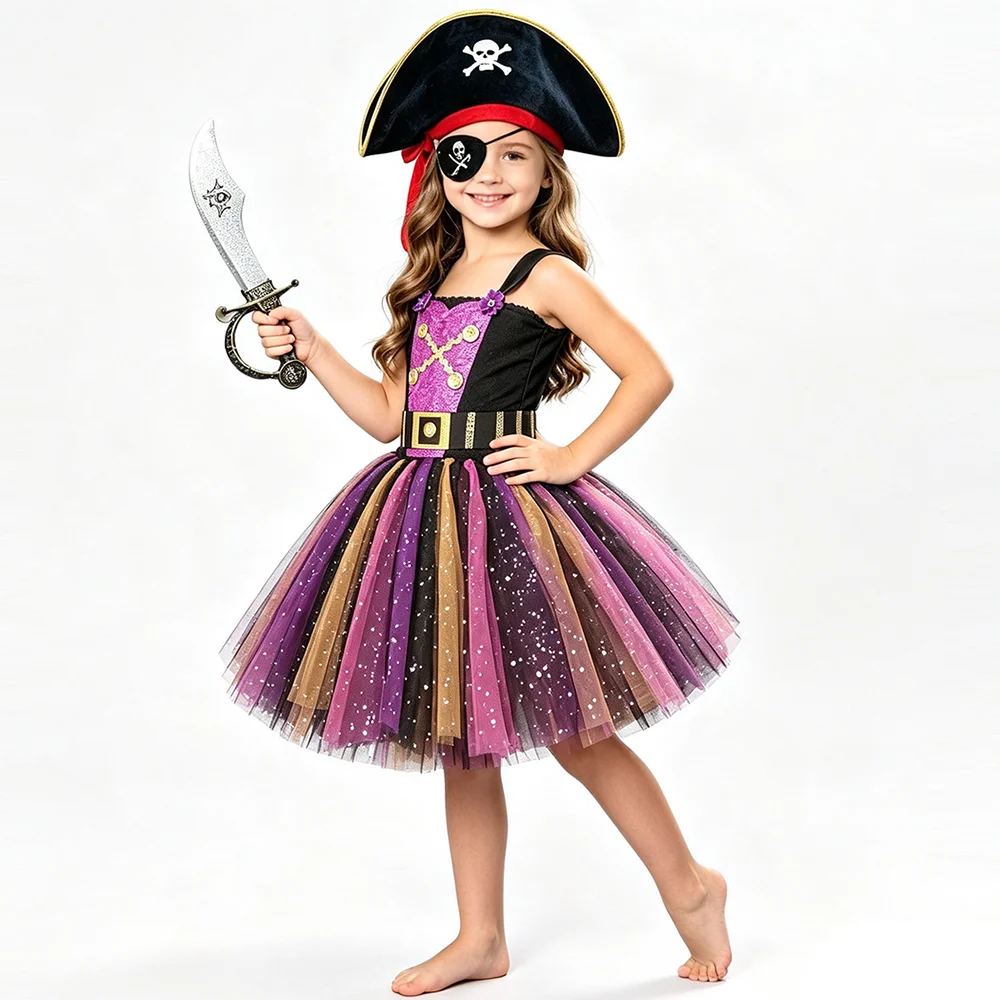 Sparkly Pirate Costume for Girls Halloween Carnival Fancy Tutu Dress Kids Glittery Tulles Outfit with Pirate Hat Eye Patch Sword