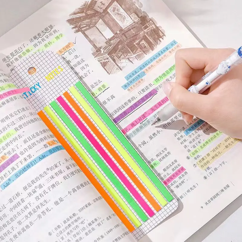 8 Sätze transparente lange feine Aufkleber Notizblock klebrige Tabs Morandi Neon klare Haft notizen ästhetische Büro Schul material – Detail 2