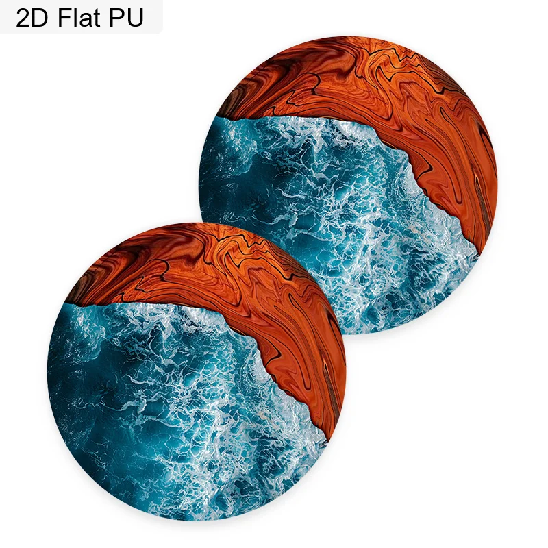 Set Of Two Round Coasters Featuring A Red Swirl Wood Design And A Blue Ocean Wave Pattern, Measuring 2.75 Inches. These Faux Lea