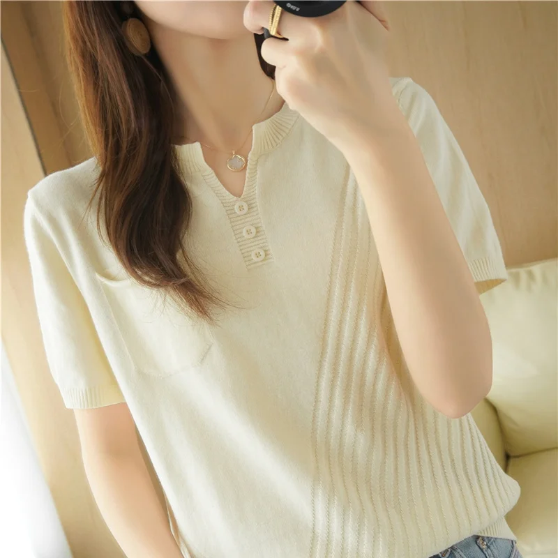 Womens 100 Percent Cotton Short Sleeve T Shirt Loose Fit Summer Top Slimming Thin Knitted V Neck Button Placket Outerwear Top