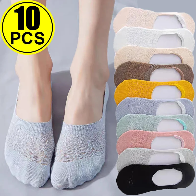 

5pairs Summer Flower Hollow-out Socks Women Invisible Short Socks Low Boat Sox Silicone Non-slip Shallow Transparent Thin Socks