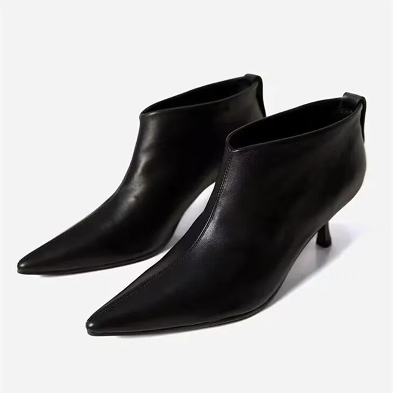 2024 Autumn Pointed Toe Ankle Boots Women High Quality Cozy PU Leather Thin Heels Black Women Pumps Party Banquet Chelsea Boots