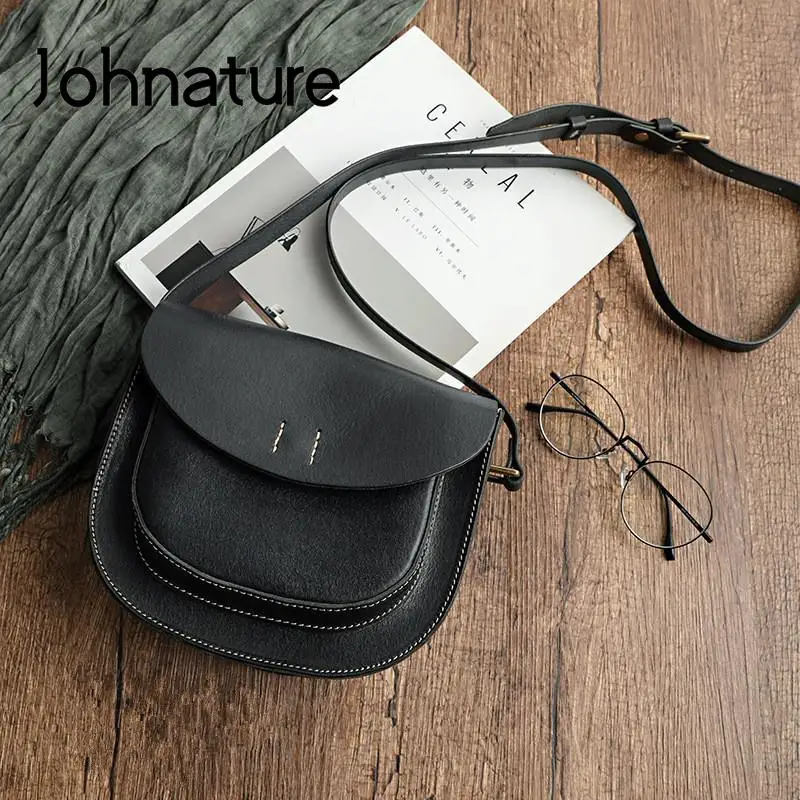 Johnature Simple Genuine Leather Women Bag 2024 New Handmade Vintage Shoulder Bags Solid Color Natural Cowhide Messenger Bag