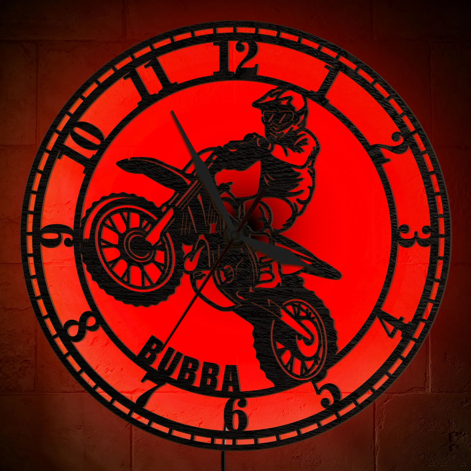 Custom Name Motocross Wall Clock RGB LED Backlight Wooden Wall Clock For Biker Man Cave Home Decor Dirt Bike Light Up Wall Clock