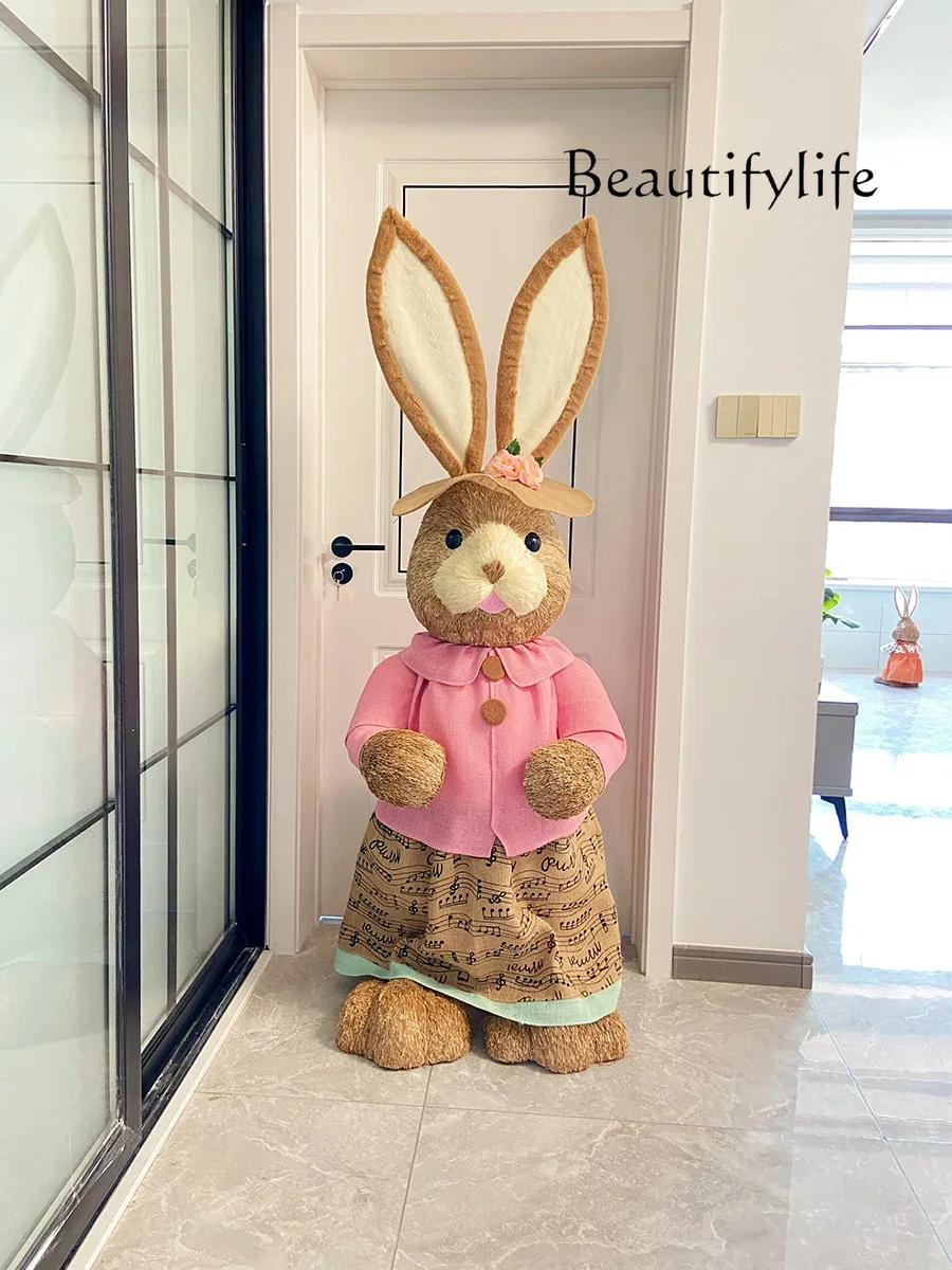 Living room floor-to-ceiling straw weaving rabbit ornament animal large wedding home TV cabinet decoration doll