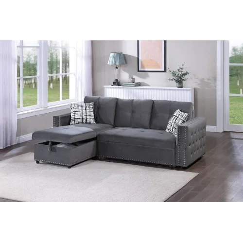 ！@Gray Chenille Three Seat Convertible Sectional Sofa Pull Out Bed Storage Chaise Tufted Reversible 2pc Living Room Hotel