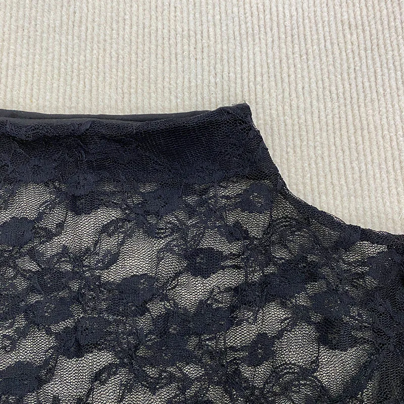 الفرنسية الشارع أناقة الإناث شبكة تول منظور الدبابات الأعلى 2025 مثير الدانتيل الأزهار أكمام جولة الرقبة بلون سترة مثيرة #3