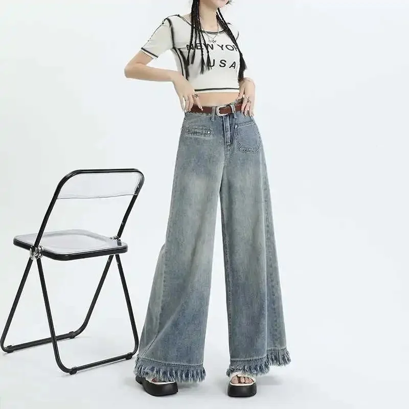 

Commuter Fashion Slim Ragged Edge Vintage Wide Leg Jeans Women's Summer 2023 New Design High Waist Loose Drop Floor Skirt