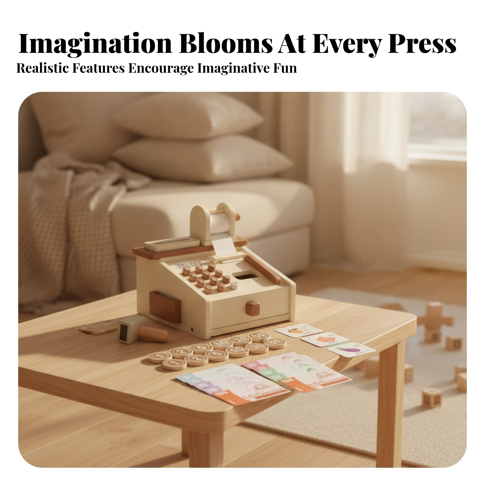 Toy Money Register with Accessories Compact Wooden Toy Money Register Sturdy for Children, Playroom, Classroom
