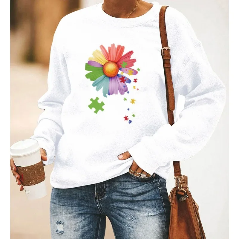 Little Daisy Print Long Sleeve Crewneck Hoodie Lady Sweatshirts  Aesthetic  Sweatshirt  Clothes  Women Clothing