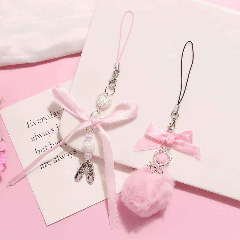 

Phone Charm Phone Strap Ornament Delicate Pink Ball Woven Ribbon Bow Keychain Pendant Ribbons Bowknot Keyring For Bags Backpacks