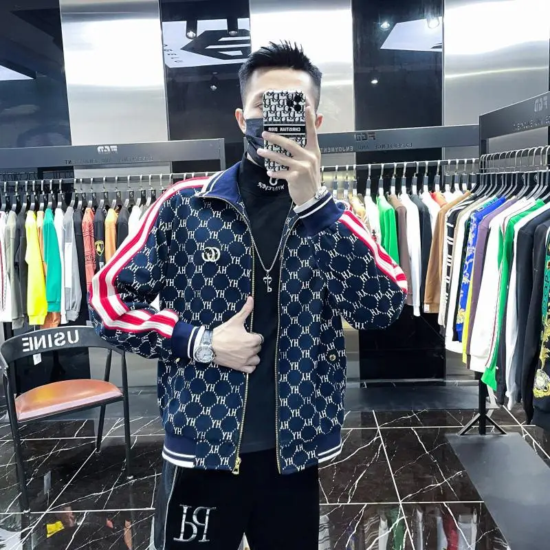 

Men's high-end striped letter casual jacket trendy brand trend 2025 autumn and winter new stand-up collar jacket men