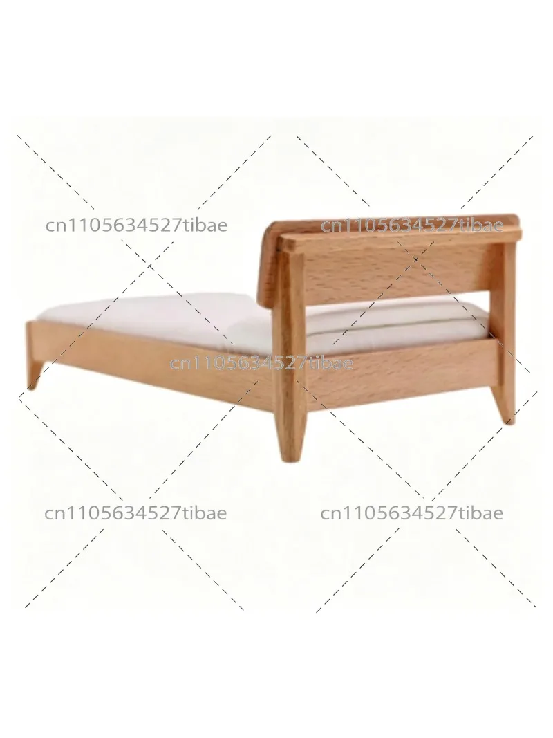 Doll House Single Bed with Mattress Wood Miniature Furniture for DIY Cottage Room Decor