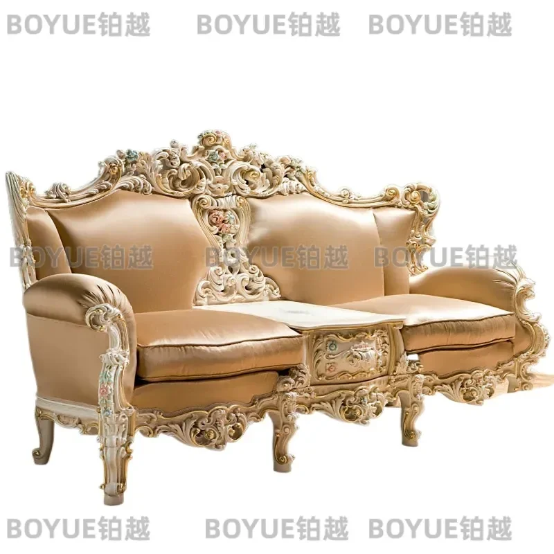 French Style Solid Wood Carved Floral Sofa European Silk Fabric Living Room Furniture Hand Painted Elegant Couch for Home