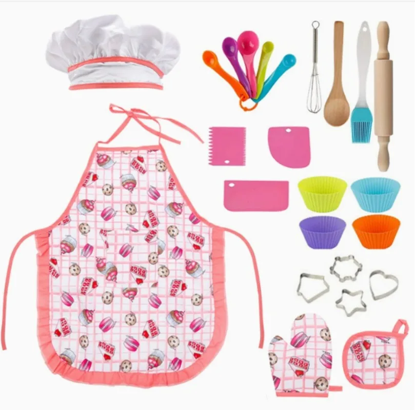 Set Play House Kitchen Toys Kit Chef Suit Apron Cake Mini Baking Mold Glove Spoon Cup Hat Tool Pretend Play Girls Birthday Gifts