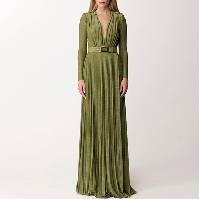 Sexy High Waist Belted Ruched Pleated Luxury Dresses Women Spring V Neck Split Party Long Dress Fall Long Sleeve Boho Maxi Dress