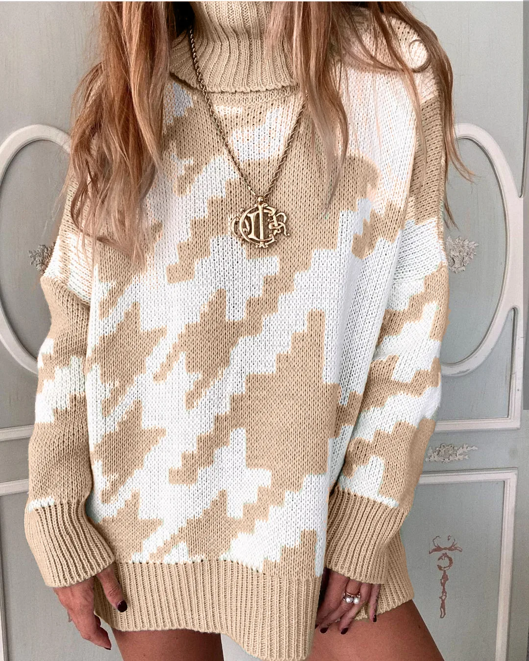 Knitted Houndstooth Pullover Sweater Spring Winter S-XL Cotton Women Turtleneck Casual  Long Sleeve Oversized Loose Jumpers Tops