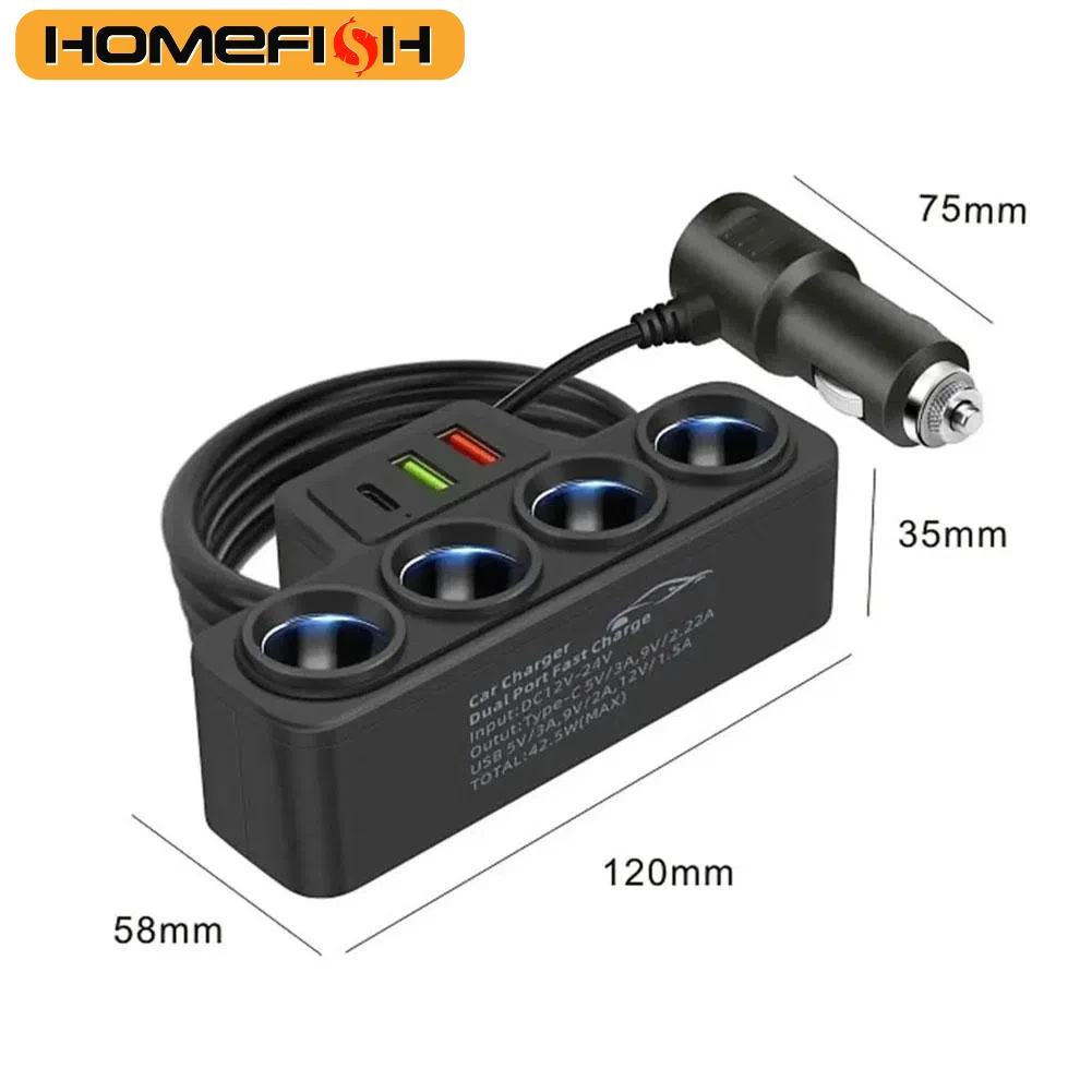 12V/24V Car Cigarette Lighter Adapter New 4-Socket 3.1A Charger Charger USB Car USB+QC3.0+PD3.1A Accessories Port USB 120W