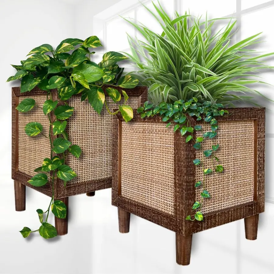

Alley Rustic Boho Large Indoor Planter Rattan Planter Boxes Outdoor Set of 2 Wooden Indoor or Outdoor Plant Box Stands Decorativ