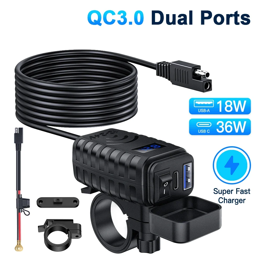 【セール中】Extractme オートバイ USB 急速充電器 防水ソケット タイプ C QC3.0 電源コンセント付き モト電話充電器 電圧計 & スイッチ付き