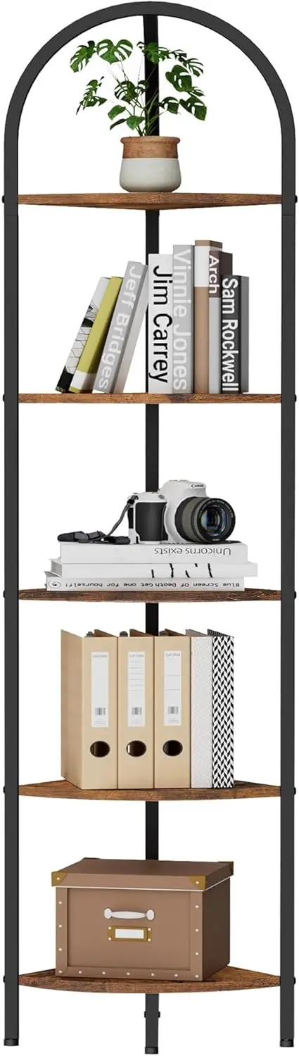

5-уровневая арочная угловая полка, настенная угловая книжная полка с металлическим каркасом, подставка для растений, промышленная полка для хранения