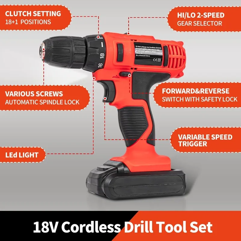 346 Pieces Tool Set, 18V Drill Set, Men's Cordless Drill, Home DIY Hand Tool Kit, 18+1 Clutch Cordless Drill Set