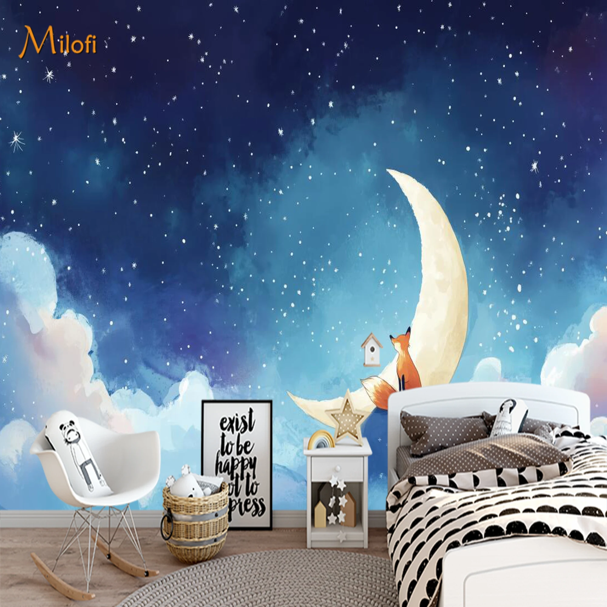 Custom Mural Wallpaper Watercolor Fox on Crescent Moon Wall Mural, Starry Sky Cloud Wall Decor for Kids Nursery Bedroom