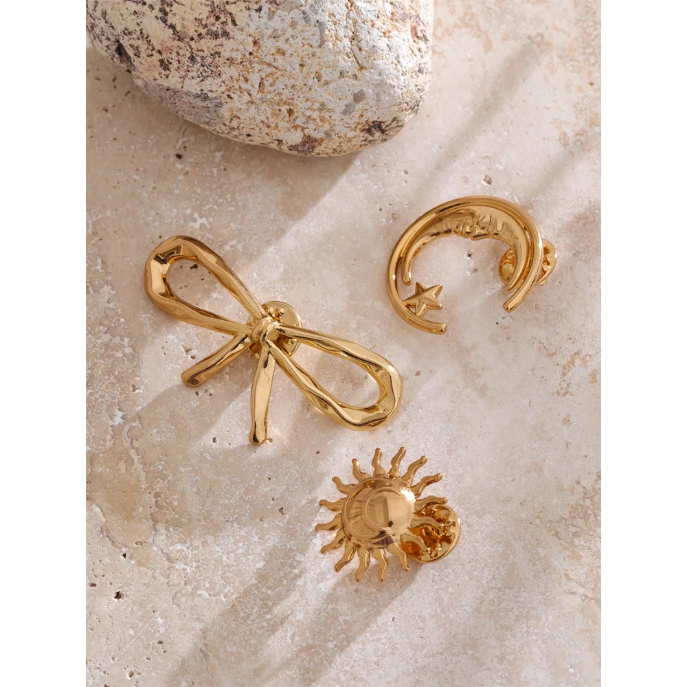 Yhpup Popular Style Stainless Steel Metal Bowknot Sun Moon Brooch Pin Minimalist Daily Clothing Accessories Wholesale 2025