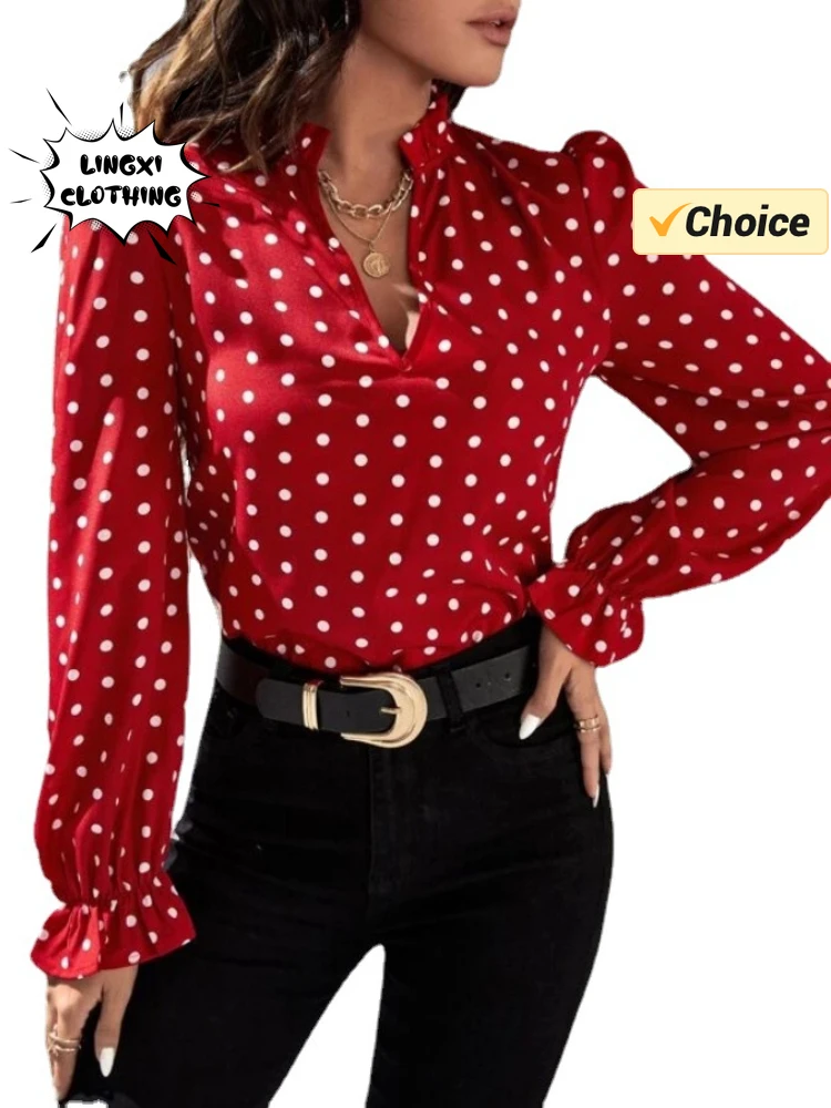 2024 Summer Fashion New Women\'s Youth Elegant Professional Style V-neck Polka Dot Long Sleeved Casual Chiffon Girl\'s Shirt