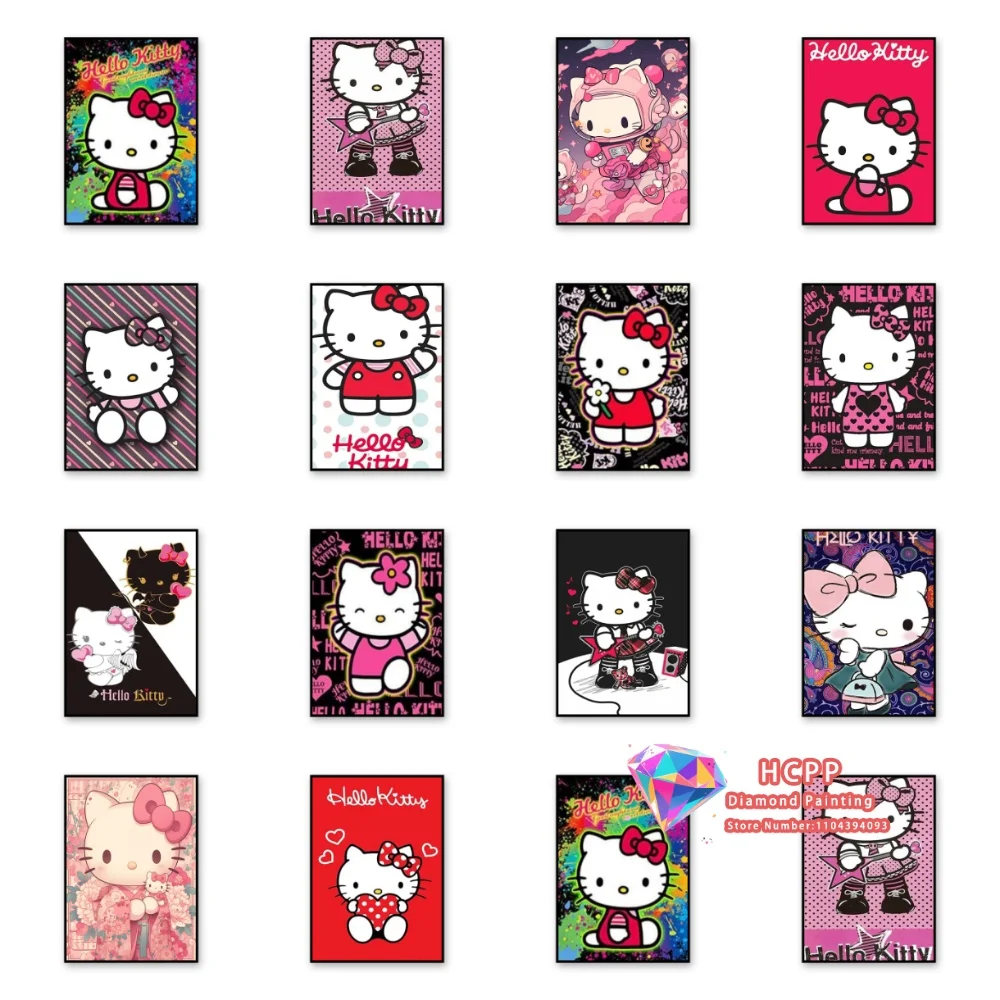 Sanrio Hello Kitty quadratisches rundes Diamant-Malset, 5D-Diamant-Malset zum Selbermachen, Kreuzstich, handgefertigte Kunst, Geschenk, Kunsthandwerk, Heimdekoration, Festival-Geschenk