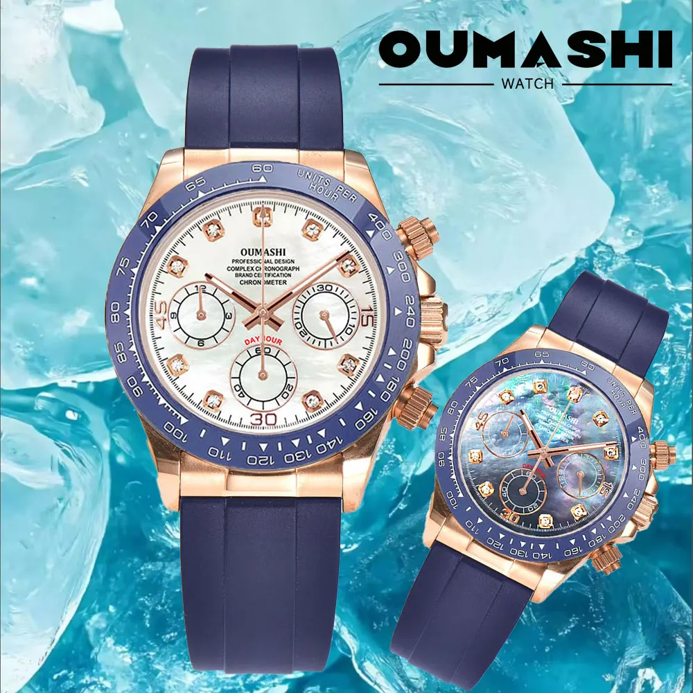 39mm Rose Gold Men's Wristwatch VK63 Movement Chronograph Sapphire Glass Rubber Strap Business Men's Custom Watch