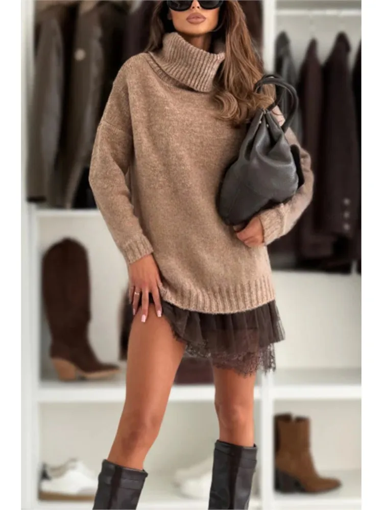 

New Autumn Winter Fashion High Neck Sweater + Lace Dress 2 Piece Set Women's Elegant O Neck Party Casual Dresses Set Robe Femme