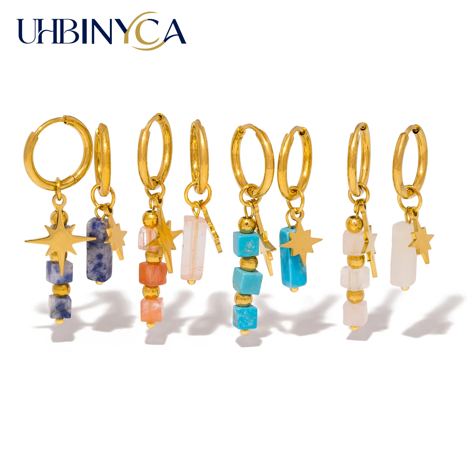 UHBINYCA Asymmetric Natural Stone and Eight Pointed Star Combination Pendant Earrings for Women, Stainless Steel Hoop Jewelry