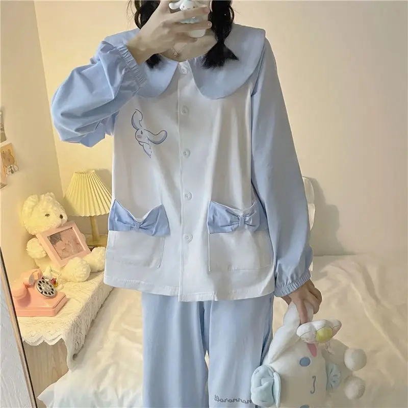 Sanrios Anime Cinnamoroll Pigiama Set Kawaii Ragazze Carino Cardigan giapponese Allentato Manica lunga Vestiti per la casa Primavera Autunno Indumenti da notte