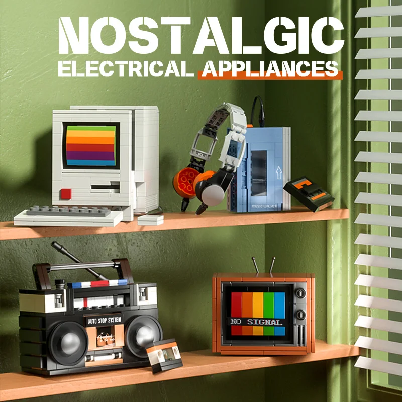 DIY Retro Electrical Appliances Furniture TV Computer Tape Walkman Play Game Consoles Radio Building Blocks Model Brick Set Toys